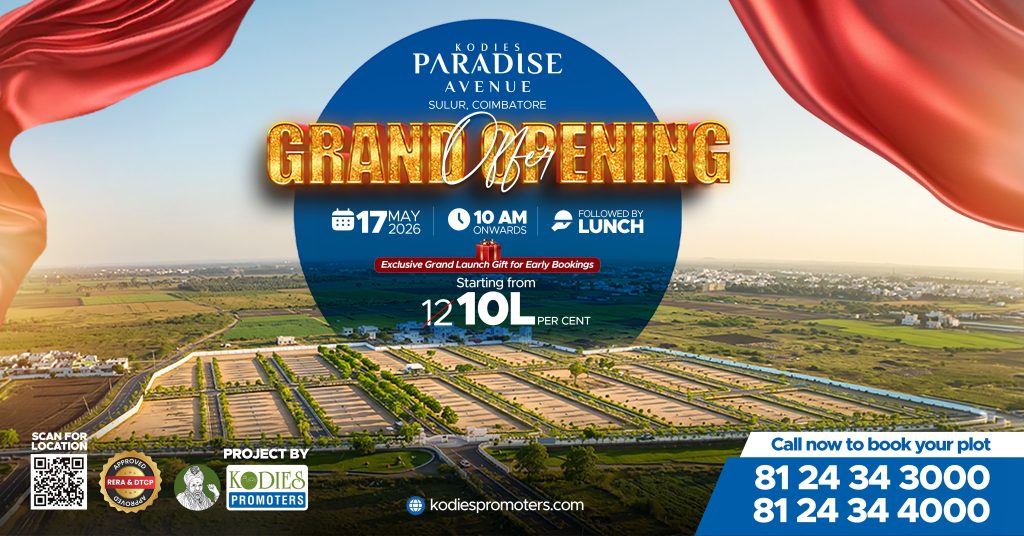 Grand Opening of Kodies Paradise Avenue in Sulur, Coimbatore featuring premium DTCP & RERA-approved residential plots by Kodies Promoters.